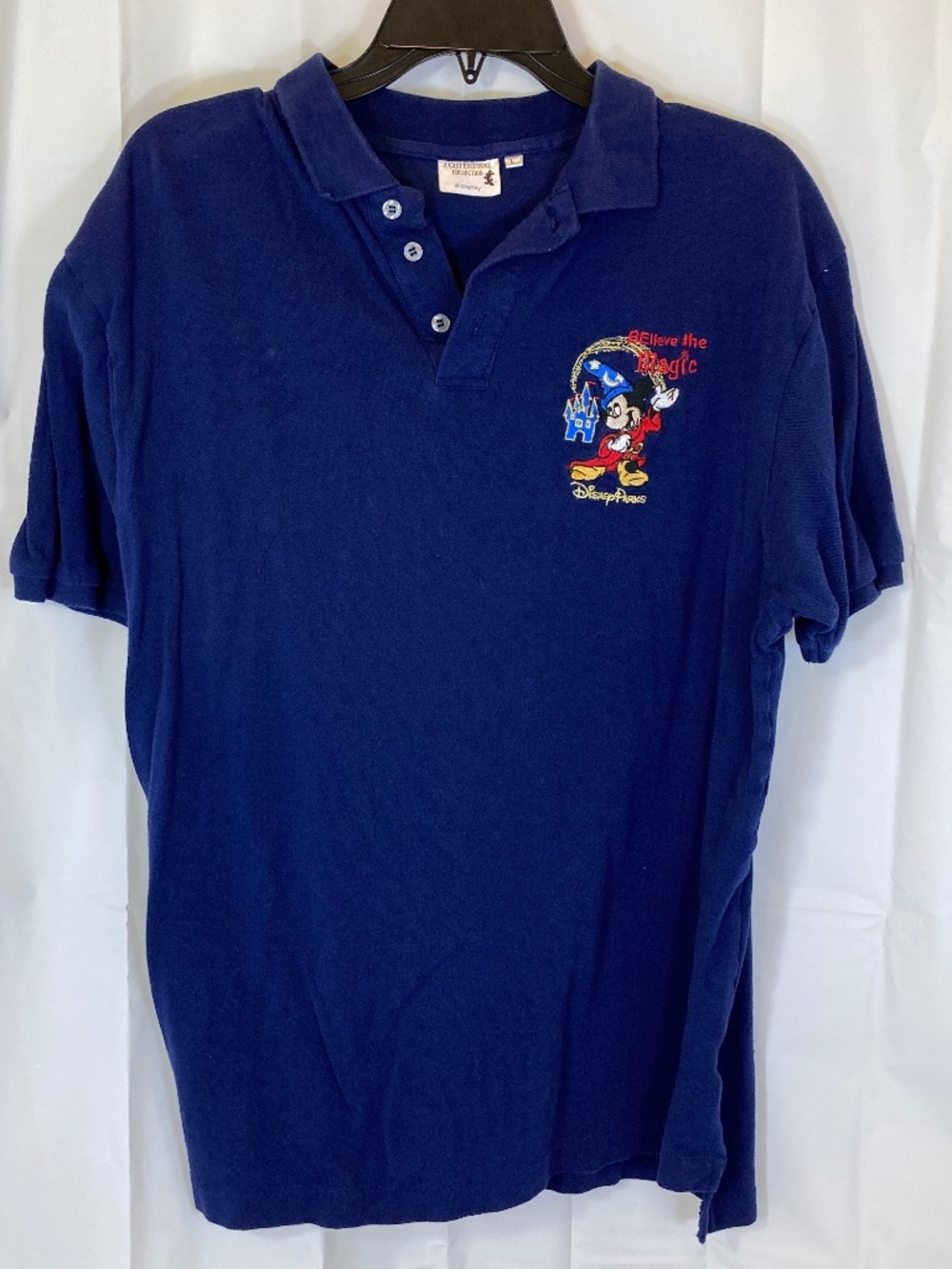 Disney Parks BElieve in the Magic Polo Shirt Sz L CMO Dark Blue Sorcerer Mickey